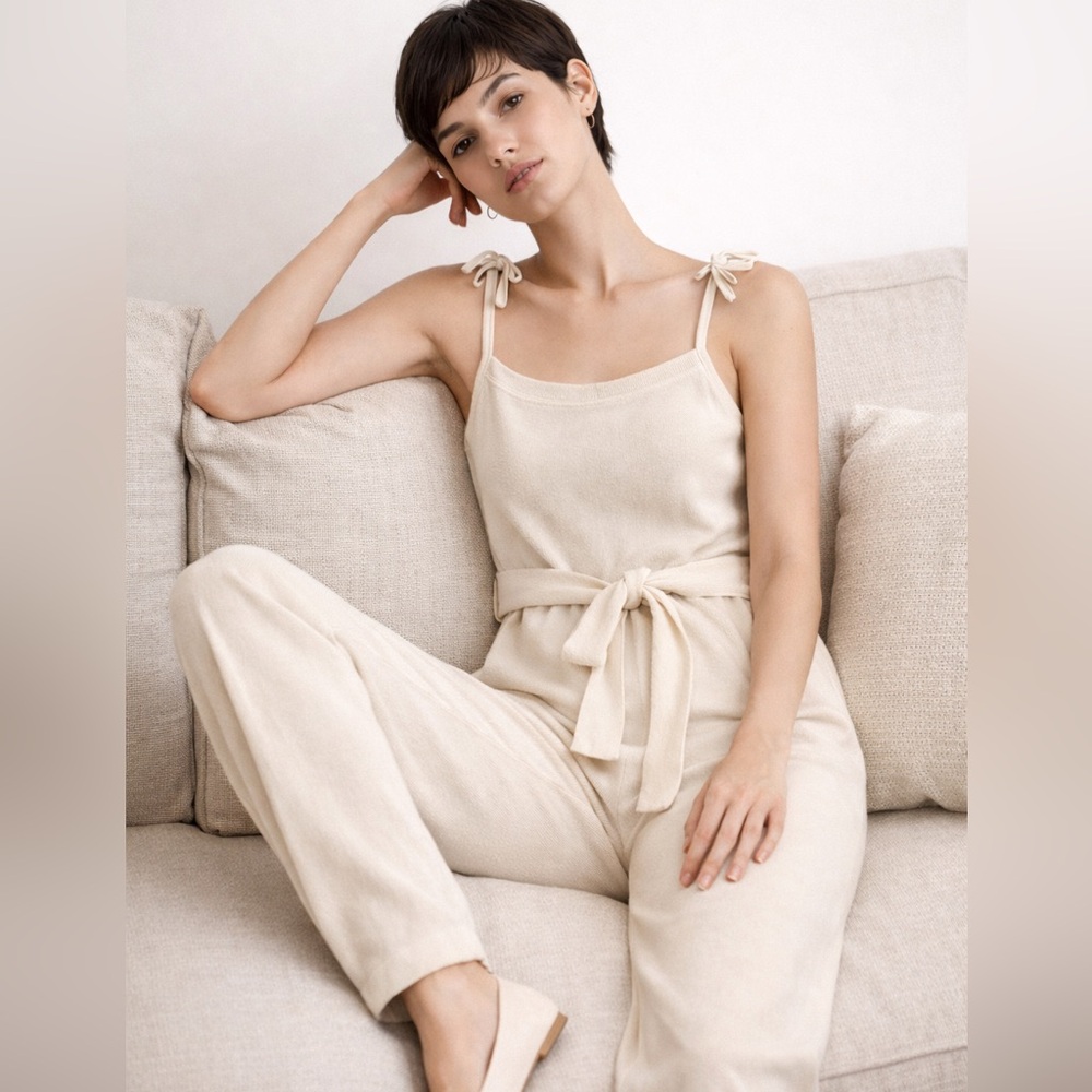 NWT LoveShackFancy Nala Ivory Cream Cashmere Blend Belted Jumpsuit Sz S